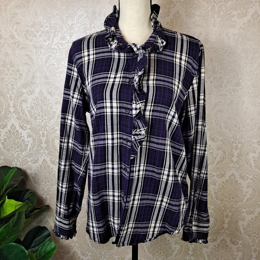 LRL Lauren Jeans Co Size Large Purple White Plaid Button Up Ruffle Details